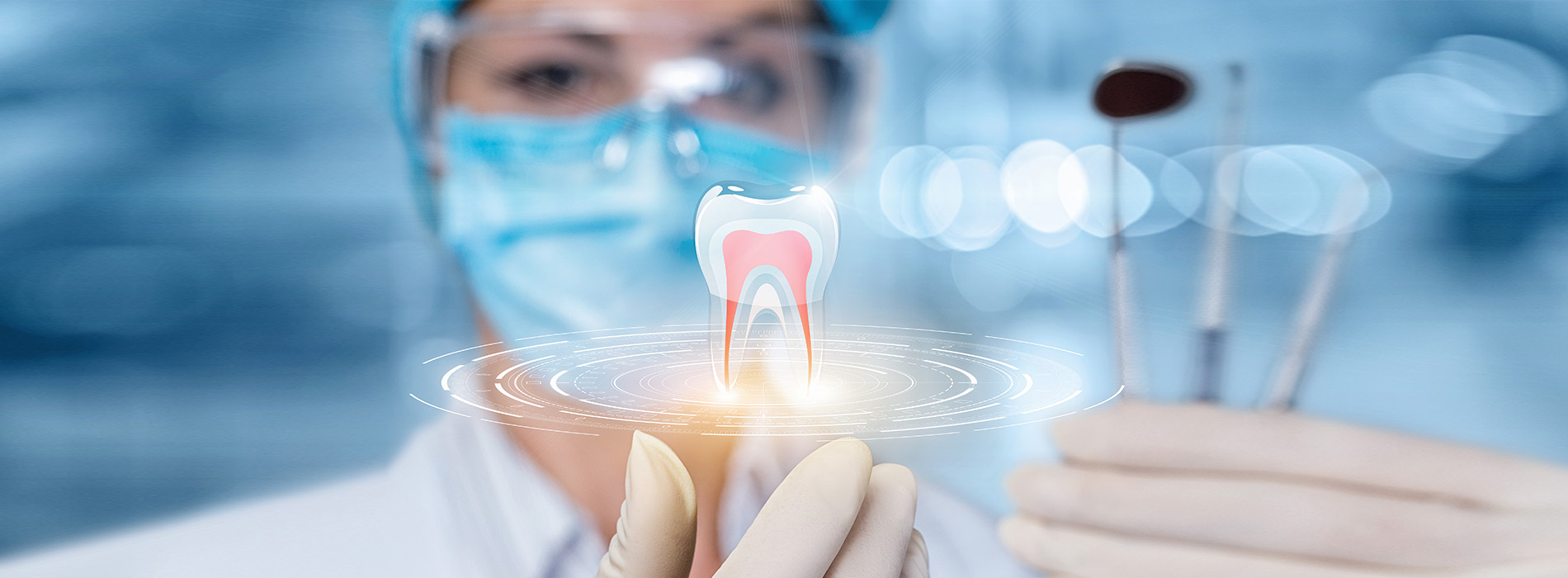 A woman in a white lab coat and blue surgical mask holds up a toothbrush with dental floss and picks, while a digital representation of a tooth appears to be emitting light.