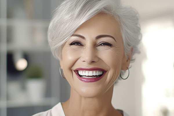 The image shows a middle-aged woman with short hair, wearing a white top, smiling broadly and looking directly at the camera. She appears to be in an indoor setting, possibly a home or office environment.